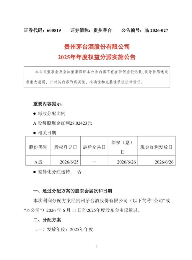 贵州茅台：每股分红超28元