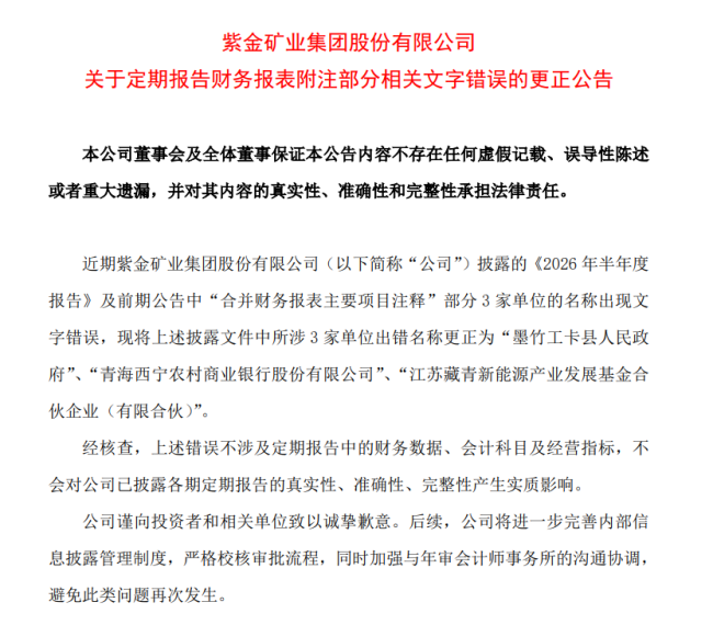 六年错字跨期留存，两届审计机构未识别，紫金矿业半年报现“人民币政府”“新熊源”低级错误