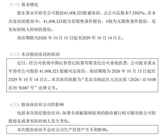 R东方通1：实际控制人黄永军所持41008323股被司法冻结，占总股本7.35%