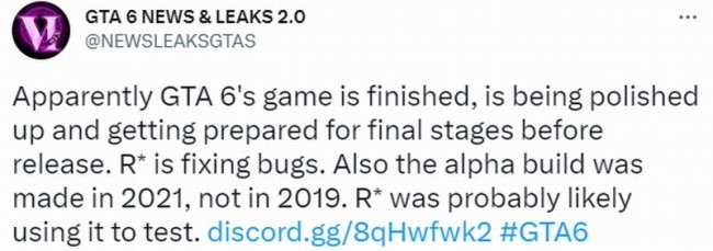 网传《GTA6》已经开发完成 R星正在打磨并修复Bug