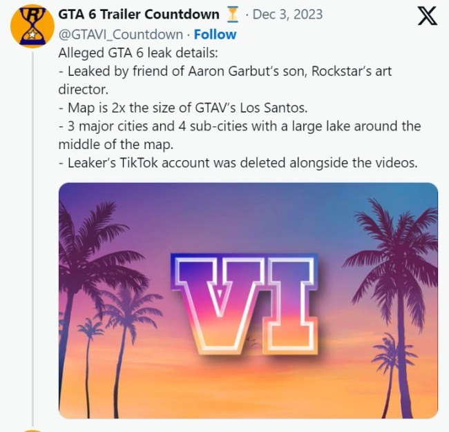 傳《GTA6》首個預告片段泄露 2024年秋季發售