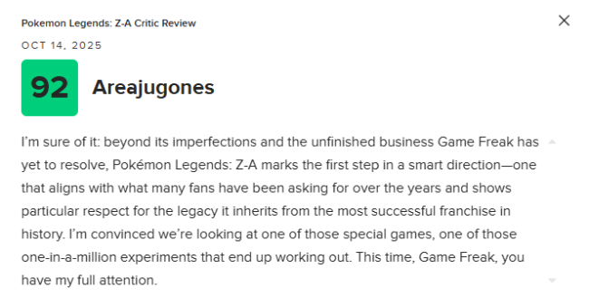 《宝可梦传说 Z-A》M站均分81:目前最出色的宝可梦游戏!