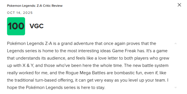 《宝可梦传说 Z-A》M站均分81:目前最出色的宝可梦游戏!