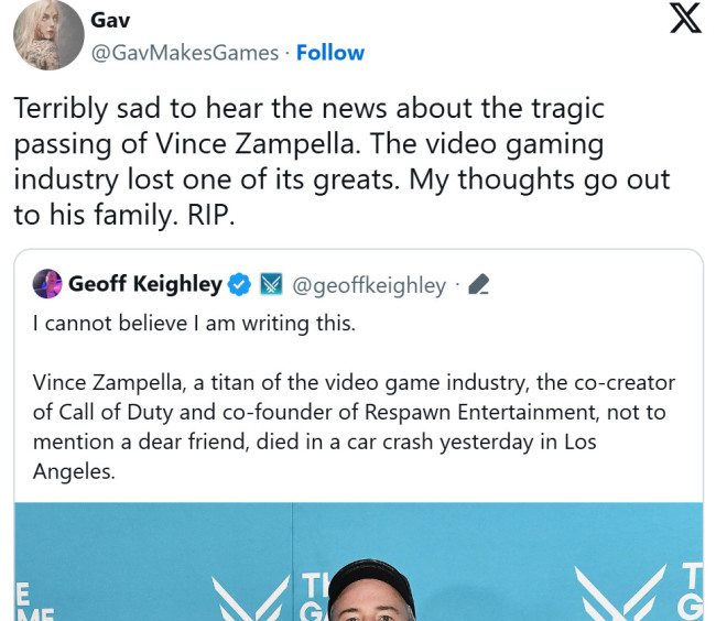 传奇谢幕!业界多名开发者悼念FPS传奇开发者Vince Zampella