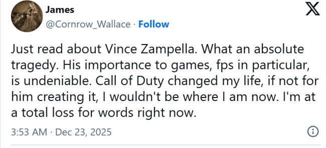 传奇谢幕!业界多名开发者悼念FPS传奇开发者Vince Zampella