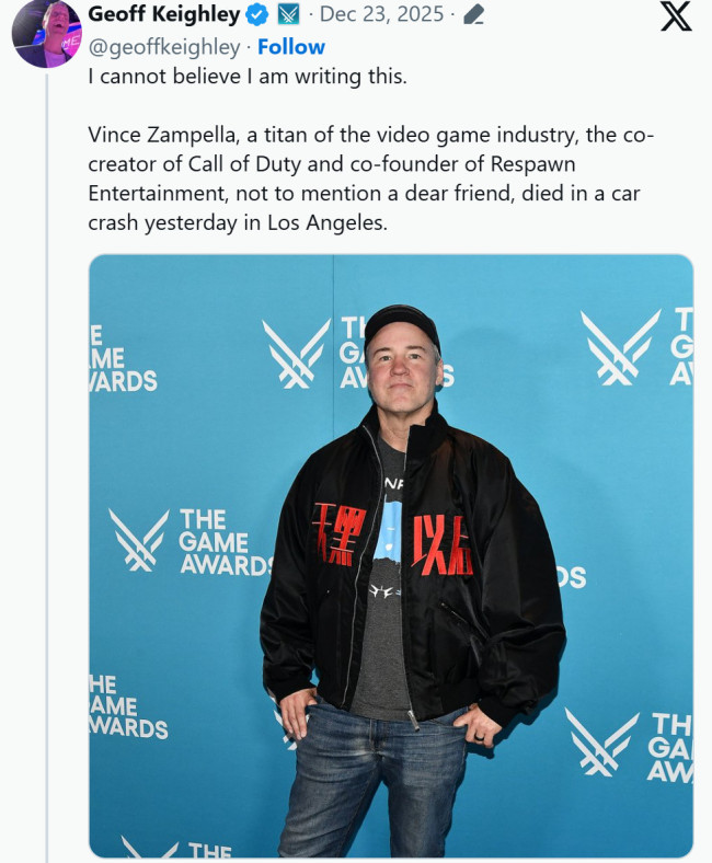 传奇谢幕！业界多名开发者悼念FPS传奇开发者Vince Zampella