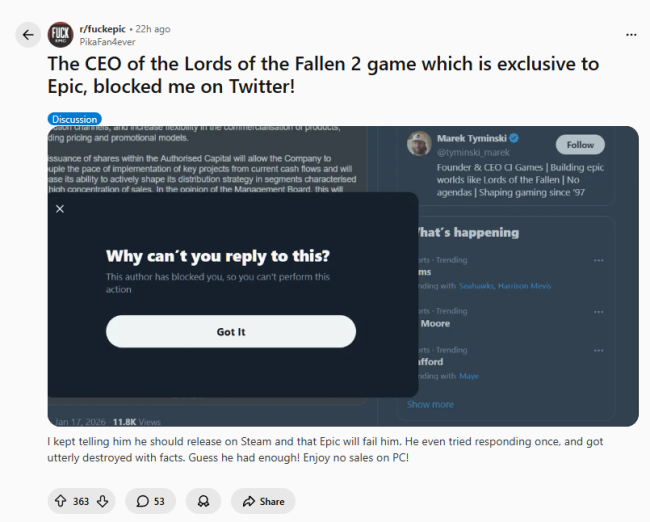 《堕落之主2》Epic独占再引争议:CEO拉黑提建议玩家