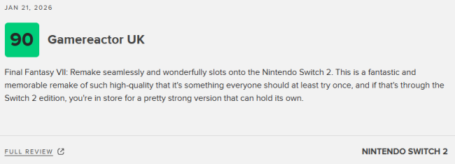 《最终幻想7：重制版》NS2版M站均分89分：移植游戏的最佳范例！