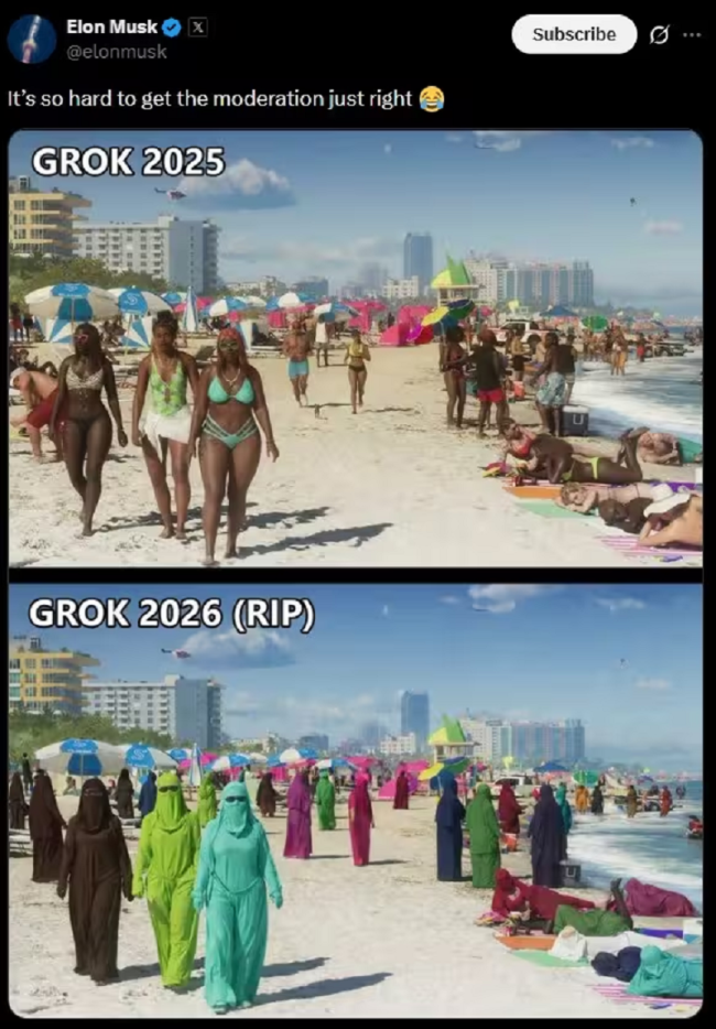 马斯克嘲讽欧盟审查Grok涉嫌色情 并晒《GTA6》被和谐画面