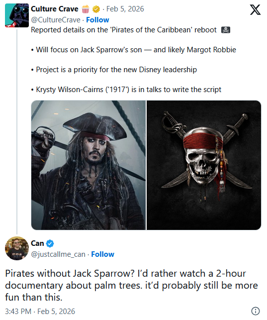 粉丝痛批《加勒比海盗》重启传闻：没杰克船长就别拍