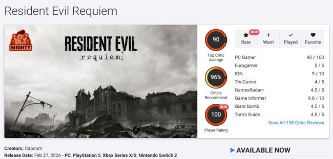 再攀新高！《生化危机：安魂曲》M站评分升至89分