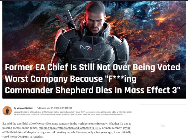 EA前高管吐槽:只因《质量效应3》结局 EA两度被评为“美国最差公司”