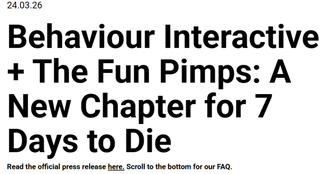 《清早杀机》开拓商收购《七日杀》使命室 游戏更新提速