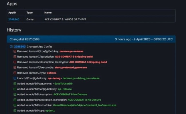 毋庸了? 《皇牌空战8:希孚之翼》Steam后台移除D加密信息