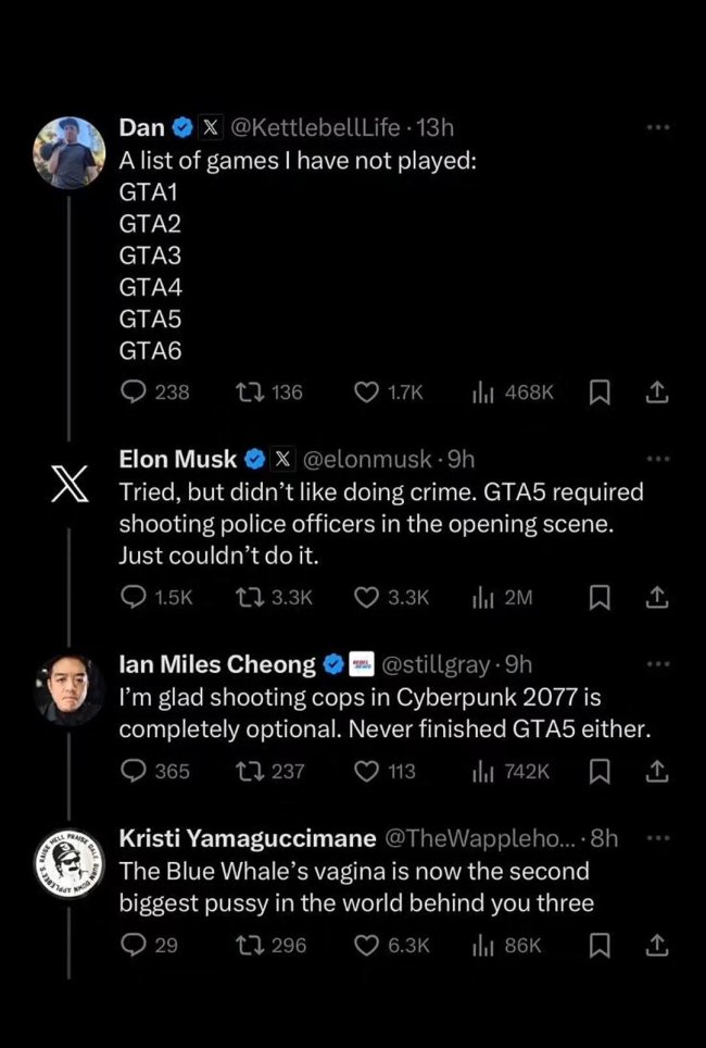 马斯克不玩《GTA6》 不想被迫向警察开枪