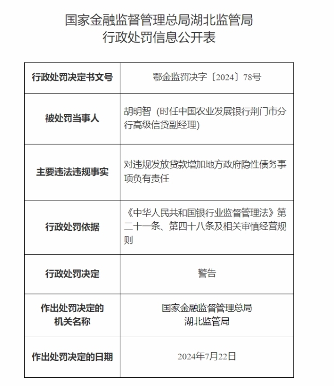 中国农业发展银行荆门市分行违规发放贷款增加地方政府隐性债务,被罚款40万元