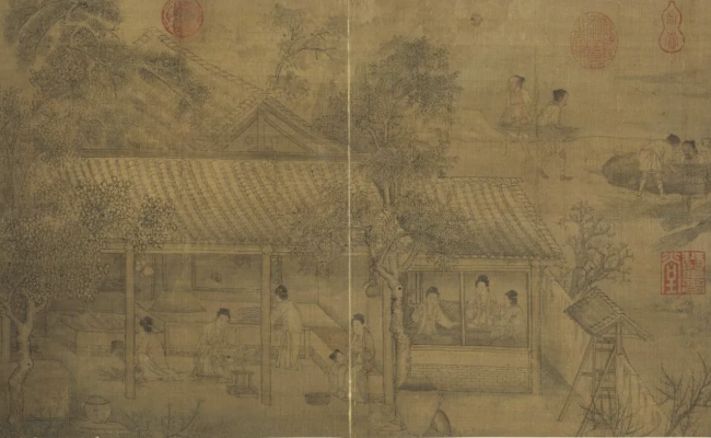 （传）刘松年《蚕事图》绢本设色，南宋，31.6 x 54.6 cm现藏于台北故宫博物院
