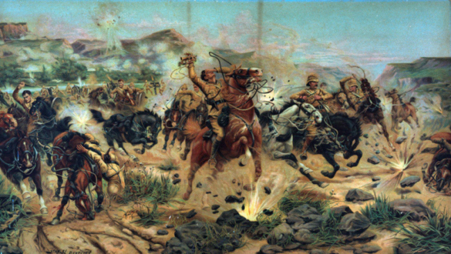 布尔战争时期的绘画作品（General Sir Redvers Buller's troops crossing the Tugela to relieve Ladysmith, February 1900），图源：英国陆军博物馆