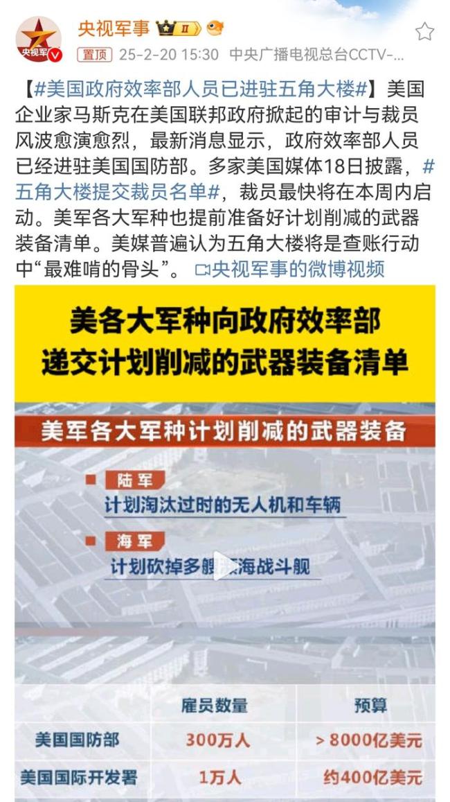 美國政府效率部人員已進駐五角大樓 國防部裁員在即