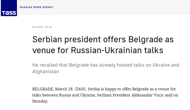 武契奇：塞尔维亚愿举办俄乌会谈 但不干涉任何事情