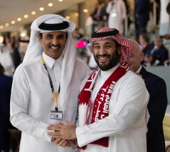 当地时间11月20日，世界杯开幕式上，卡塔尔埃米尔（国家元首）塔米姆（左）和沙特王储萨勒曼握手 图源：视觉中国