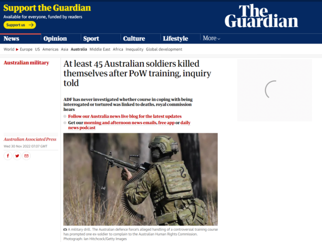 英媒：“被俘训练”如酷刑，45名澳国防军士兵自杀