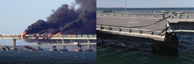 克里米亚大桥两次遭袭图片对比