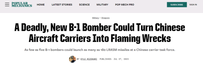 B-1B退役前的垂死挣扎：“只需要5架，就能让中国航母变成燃烧的残骸”