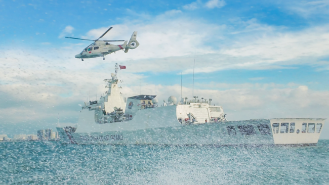 南海某海域 海警直升机展开夜间着舰训练