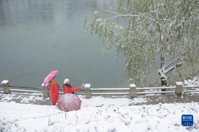 12月26日，人们在贵州省岑巩县一处公园赏雪。