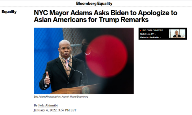 纽约新市长呼吁拜登就特朗普的言论向华人道歉