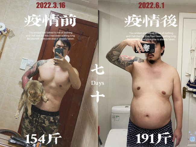上海小伙隔离胖了快40斤，网友：刺青都大了一号