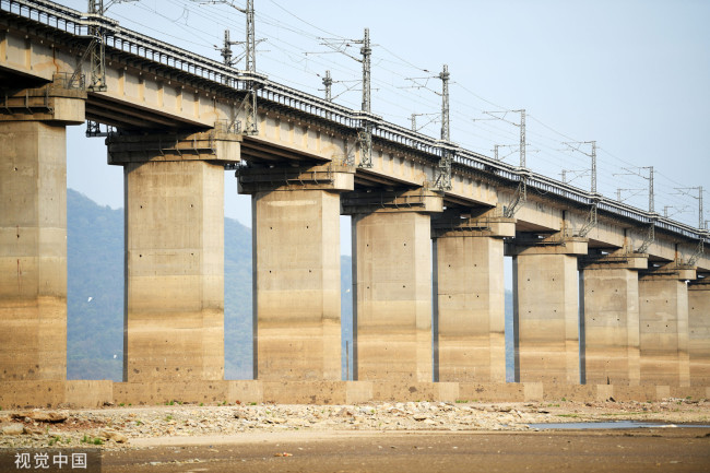 2022年9月22日，江西九江，进入枯水期的九景衢铁路鄱阳湖铁路特大桥。