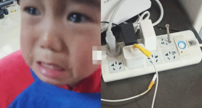 幼童将三枚钉子插入插排被电哭