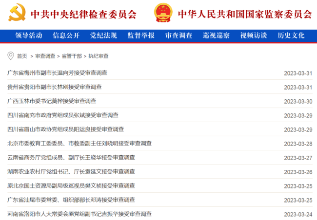 重拳反腐！3月份 7名中管干部被查 2人被处分！