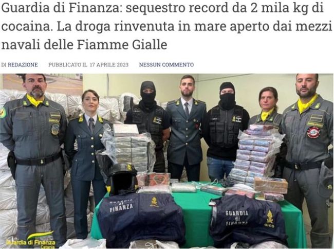 意大利查获约2吨可卡因，价值估计超过4亿欧元，是意大利查获毒品量最多的缉毒行动之一