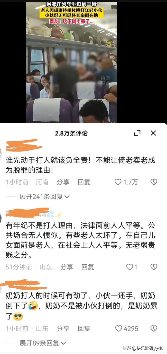 老人持拐杖打小伙反被扇，评论区没有一边倒说小伙不对