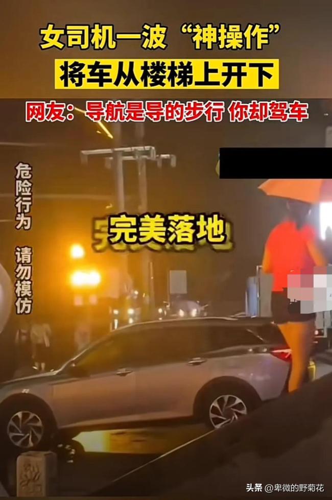 女司机一波“神操作”，将车从楼梯上开下，完美落地，惊呆路人！