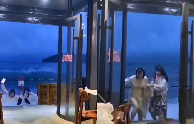 两人被海浪冲到餐厅门口 ，2人狼狈的模样在网络上曝光瞬间引发讨论