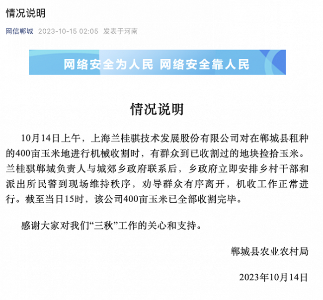当地否认数百人哄抢玉米：有群众到已收割过的地块捡拾玉米