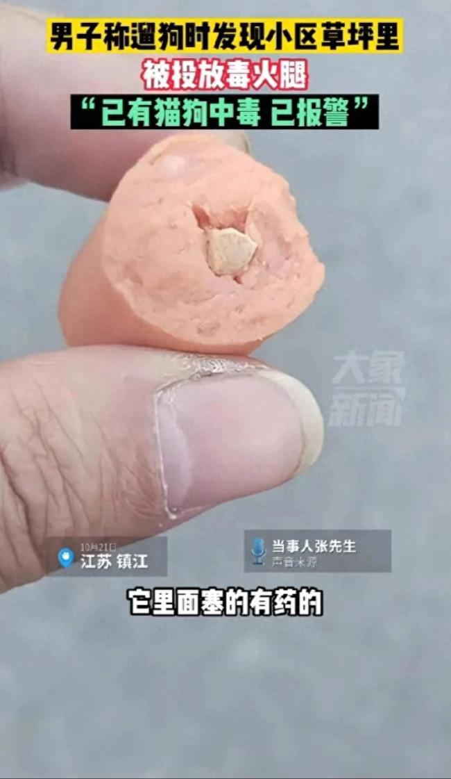 男子小区遛狗时发现草坪被投放多个毒火腿：已报警