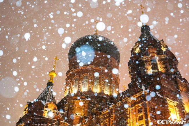 哈尔滨：教堂灯光与雪花相映成景