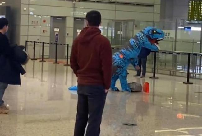 父子扮恐龙去机场接支教妈妈回家 妈妈反应太有趣