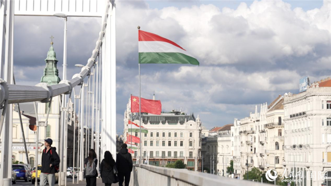 布达佩斯街头中匈两国国旗迎风飘扬