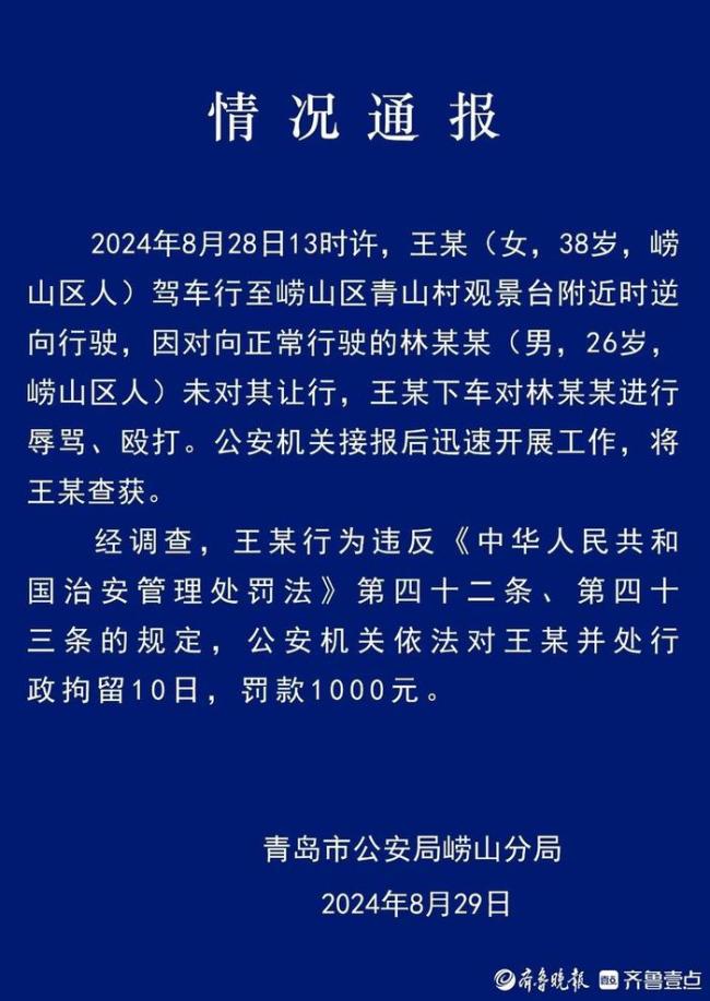 路虎女司机逆行狂扇男子耳光被行政拘留十天