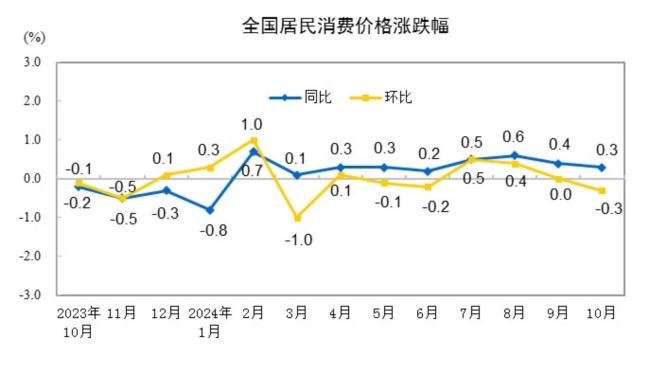 2024年10月全国居民消费价格同比上涨0.3%