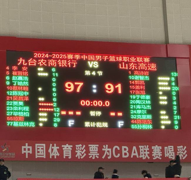 CBA：山东高速男篮91-97憾负吉林