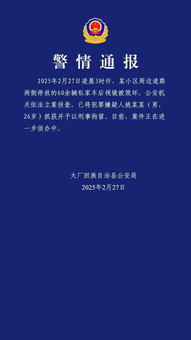 60余輛私家車后視鏡被毀