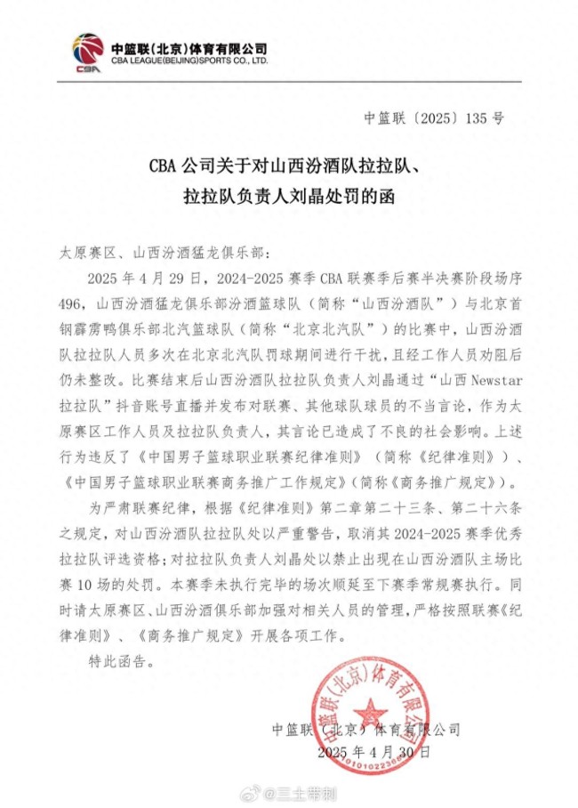 山西男籃拉拉隊(duì)被處以嚴(yán)重警告