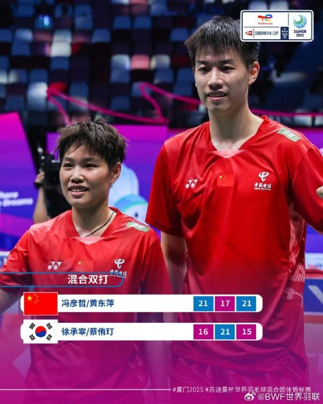 蘇杯中國1比0韓國 鳳凰組合險勝混雙